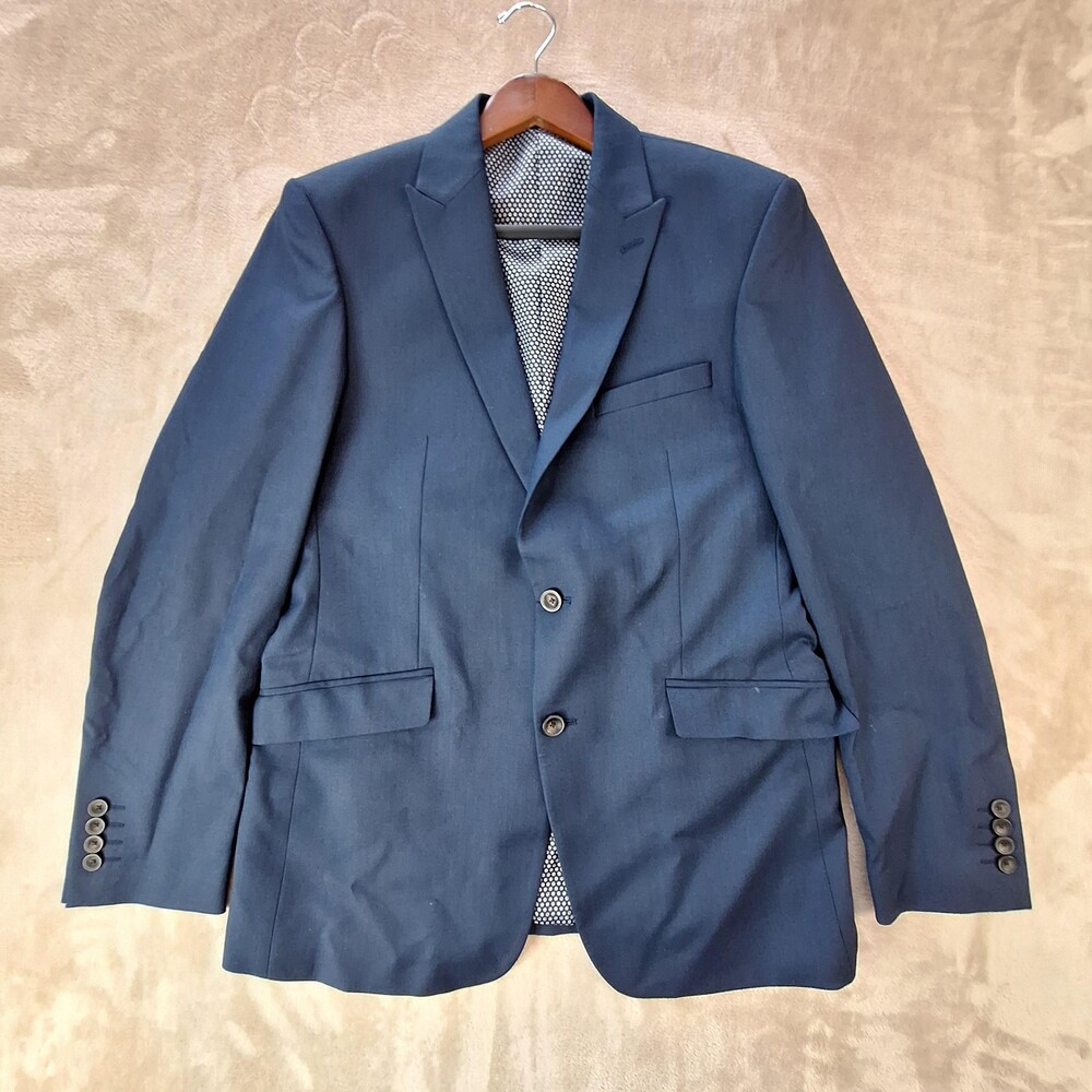 M&S Suit Jacket Mens 40R Blue Poly Viscose Slim Fit Stretch Double Vent 2 Btn